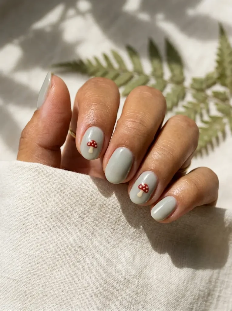 15 Witchy Nail Designs for 2026, From Gothic to Green Witch 8 Short oval nails in milky sage with small red and cream toadstools on two accent nails, on a medium skin tone