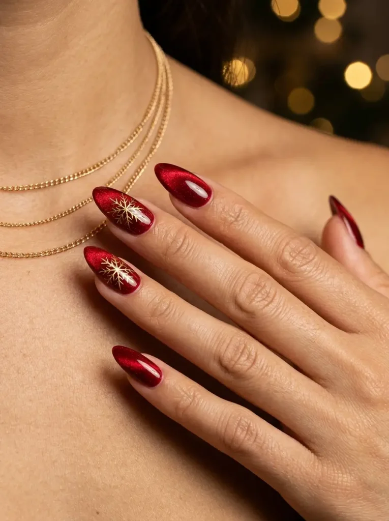 Medium almond red velvet cat eye Christmas nails with one fine gold snowflake on two nails, on a light skin tone