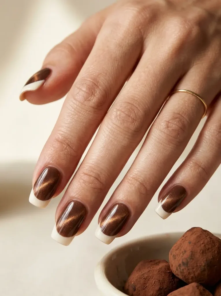 Squoval reverse French cat eye nails with a chocolate magnetic base and a solid cream tip on every nail, on a light skin tone