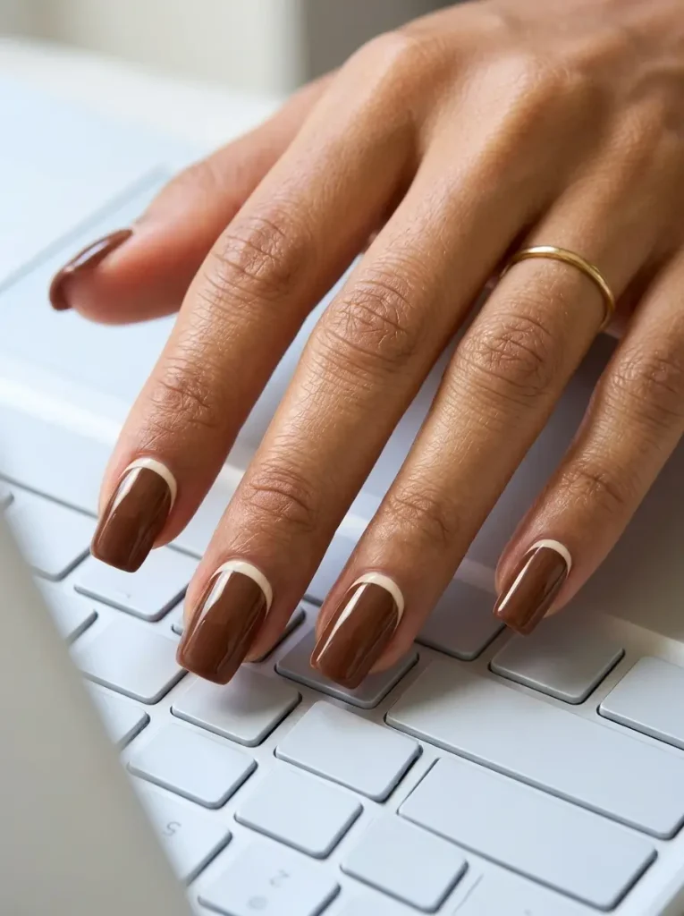 28 Fall Nail Designs for 2026, From Simple to Classy 23 Medium squoval glossy chocolate nails with a thin cream arc along the cuticle on every nail, on a medium skin tone