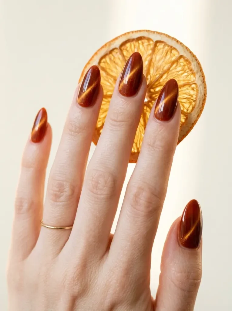 28 Fall Nail Designs for 2026, From Simple to Classy 25 Long almond rust cat eye nails with one sharp diagonal band of light on every nail, on a fair skin tone