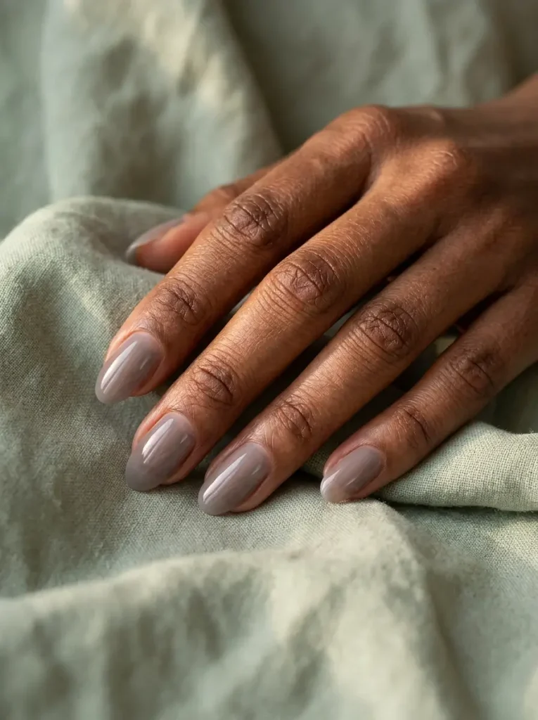 Medium oval nails in sheer mauve jelly polish with a see-through glassy finish, on a deep skin tone