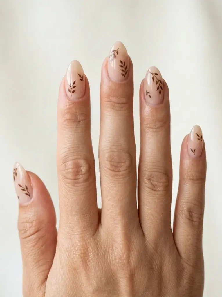 28 Fall Nail Designs for 2026, From Simple to Classy 9 Medium almond sheer nude nails with one small fine brown leaf sprig on every nail, angled off-center, on a light skin tone