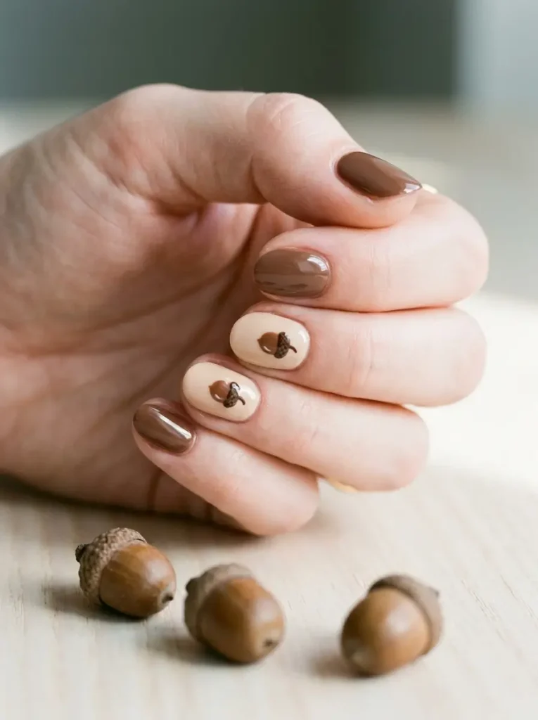 10 Thanksgiving Nail Designs for 2026, From Turkey to Pumpkin Pie 9 Short oval Thanksgiving nails in glossy chocolate with one tiny painted acorn on two latte-cream nails, on a fair skin tone