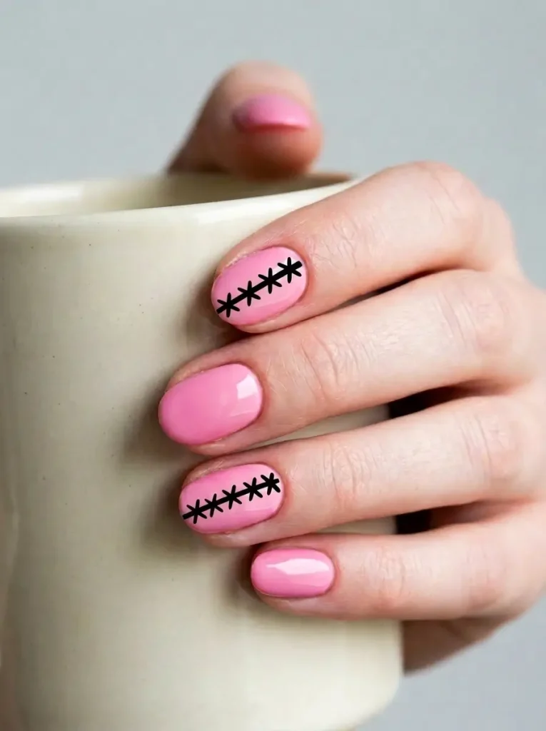 15 Pink Halloween Nail Designs for 2026, From Cute to Spooky 13 Short oval nails in bubblegum pink with a black stitch line across two nails, on a fair skin tone