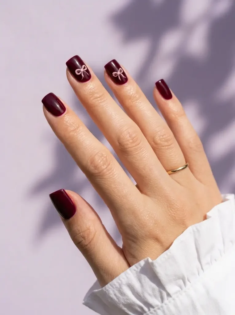 Short square nails in glossy burgundy with tiny blush pink bows painted on two accent nails, on a light skin tone