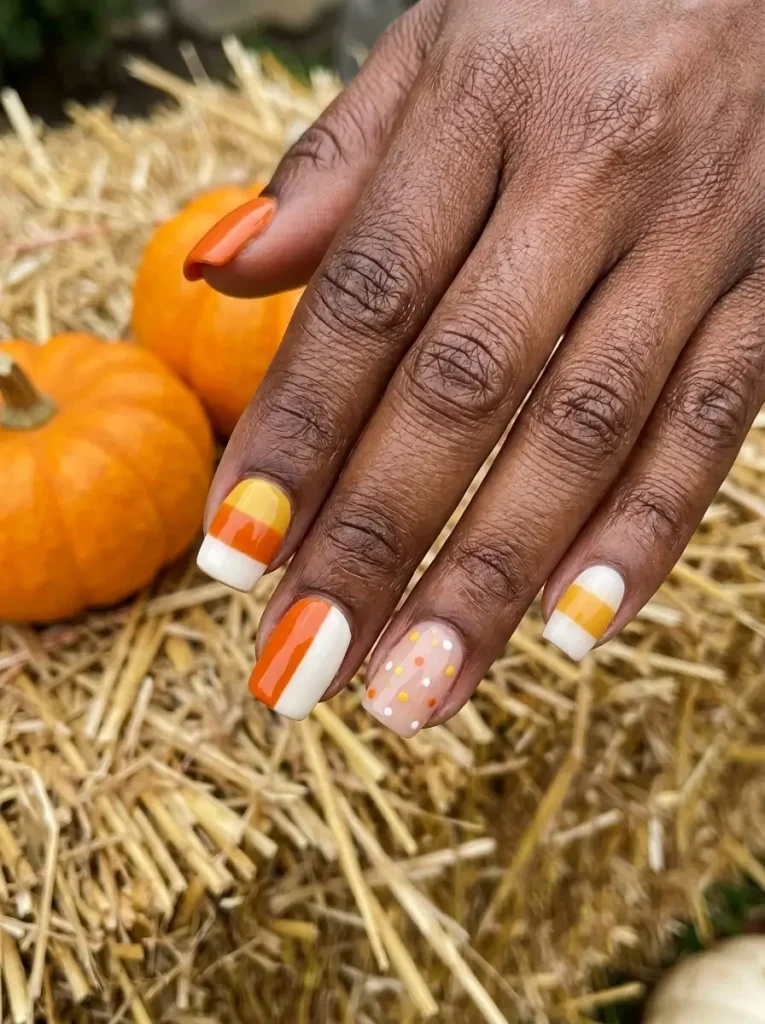 Short square nails with a different candy corn design on each nail, from stripes and dots to a solid orange, on a deep skin tone