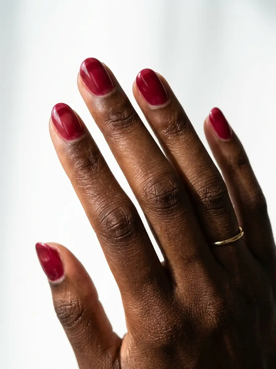 28 Fall Nail Designs for 2026, From Simple to Classy 13 Short oval nails in glossy sheer cranberry red jelly, on a deep skin tone