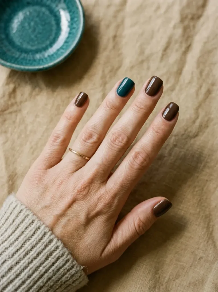Short squoval nails in espresso brown with one deep teal accent nail, on a light skin tone