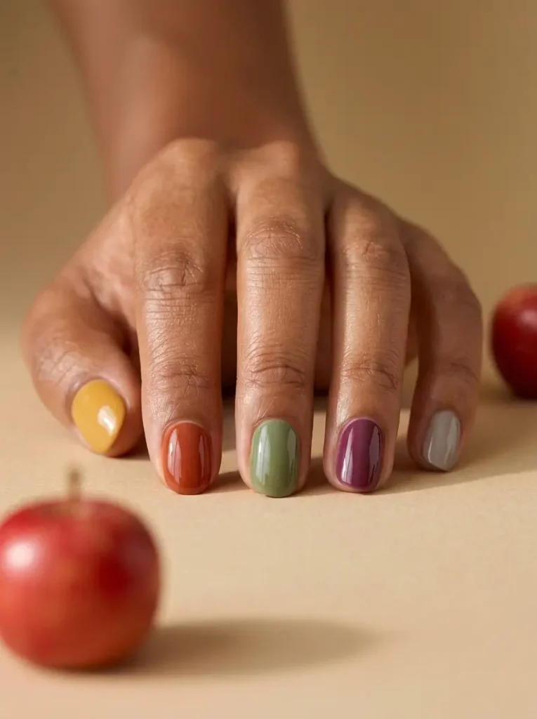 28 Fall Nail Designs for 2026, From Simple to Classy 12 Short round nails in five fall shades, mustard, rust, olive, plum and taupe, one per nail, on a tan skin tone