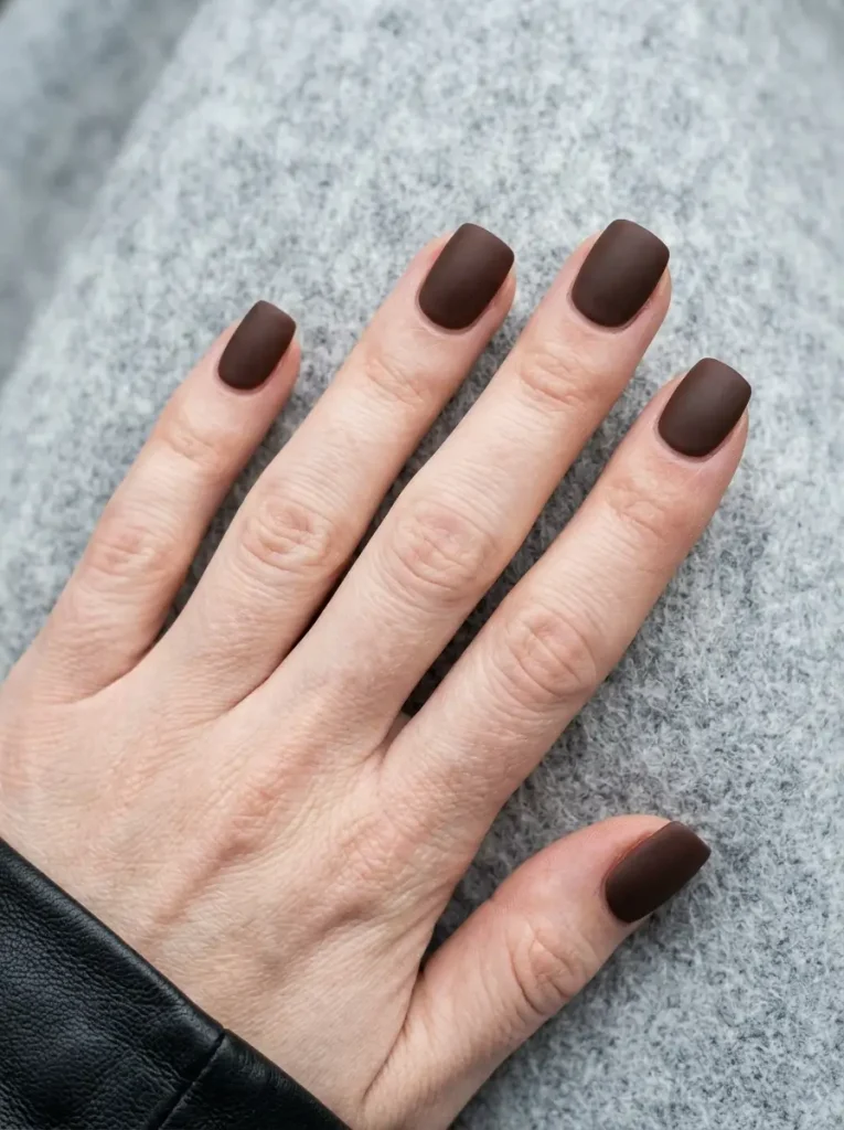 Short squoval nails in deep chocolate brown with a matte finish, on a fair skin tone