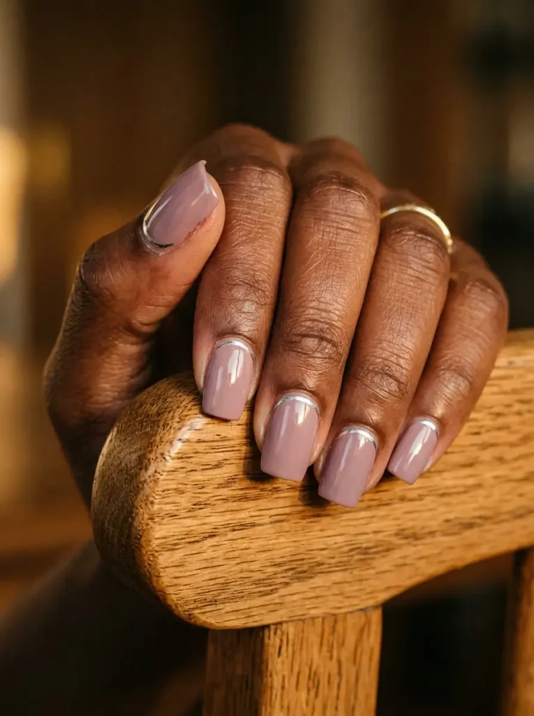 Short square nails in glossy dusty mauve with thin silver half-moons at the cuticle, on a deep skin tone