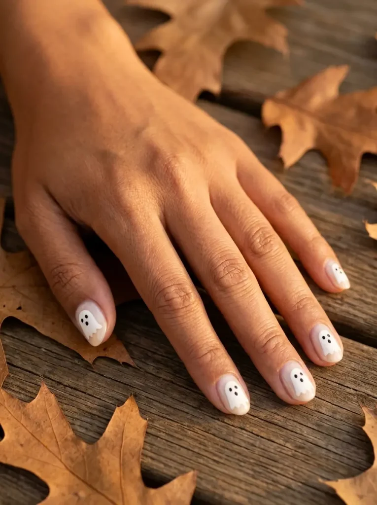 Short oval nails in milky white with two black eyes and a small mouth on every nail, on a tan skin tone