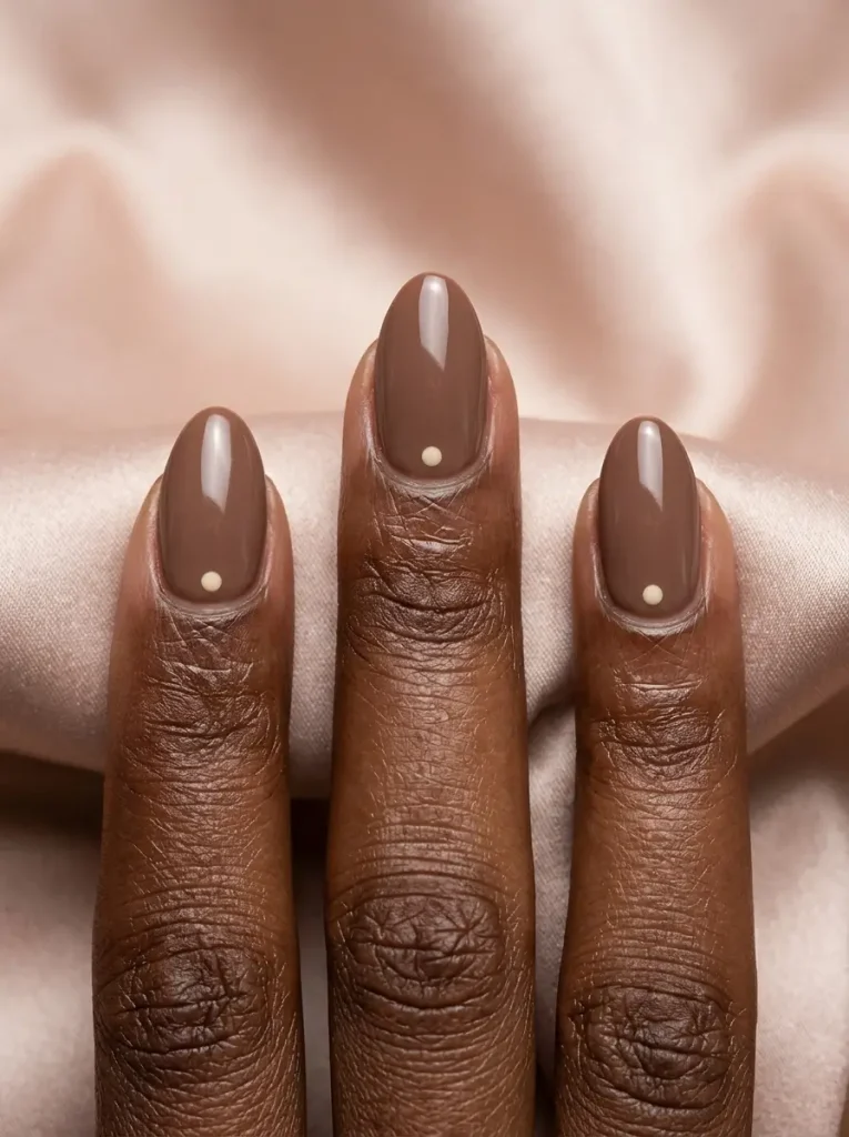 Short almond nails in glossy mocha brown with a tiny cream dot near each cuticle, on a deep skin tone