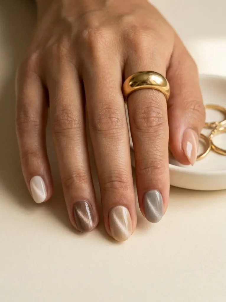 Short round neutral cat eye skittle nails in nude, taupe, champagne, mocha and cream, one shade per nail, on a medium skin tone