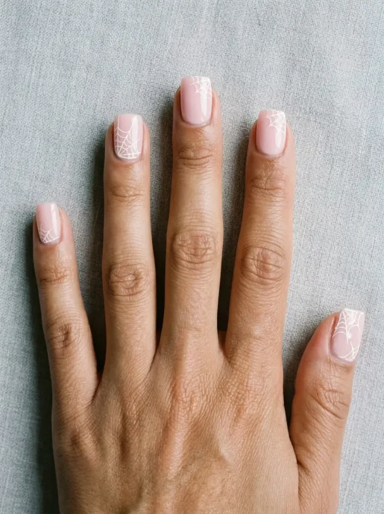 15 Pink Halloween Nail Designs for 2026, From Cute to Spooky 12 Short square nails in soft pink with a small white spider web in one corner of every nail, on an olive skin tone