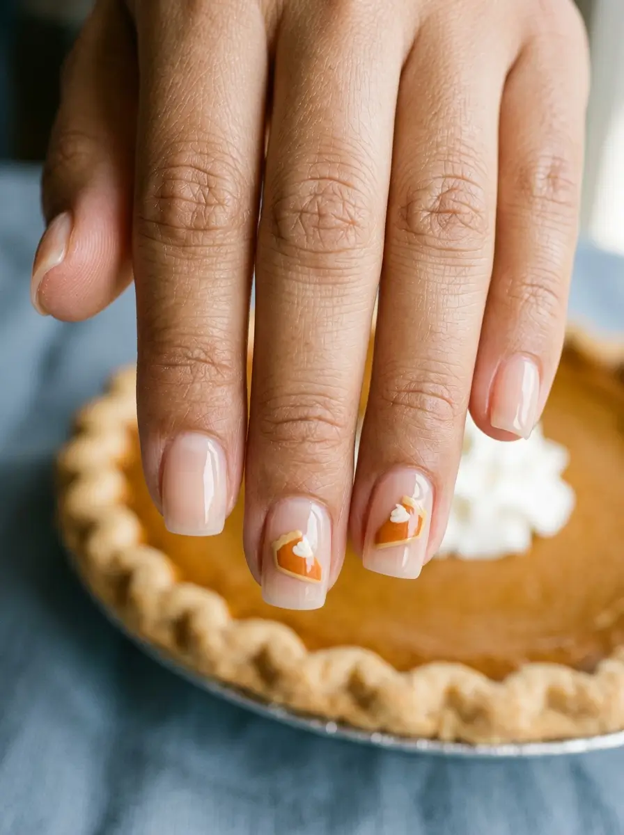 10 Thanksgiving Nail Designs for 2026, From Turkey to Pumpkin Pie 8 Short square Thanksgiving nails in sheer nude with a small painted pumpkin pie slice on two nails, on an olive skin tone