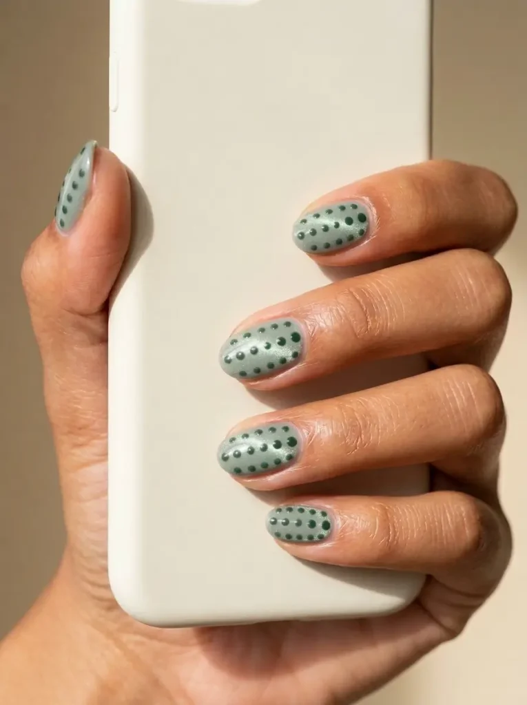 Short oval sage green cat eye nails with small dark green polka dots on every nail, on a tan skin tone