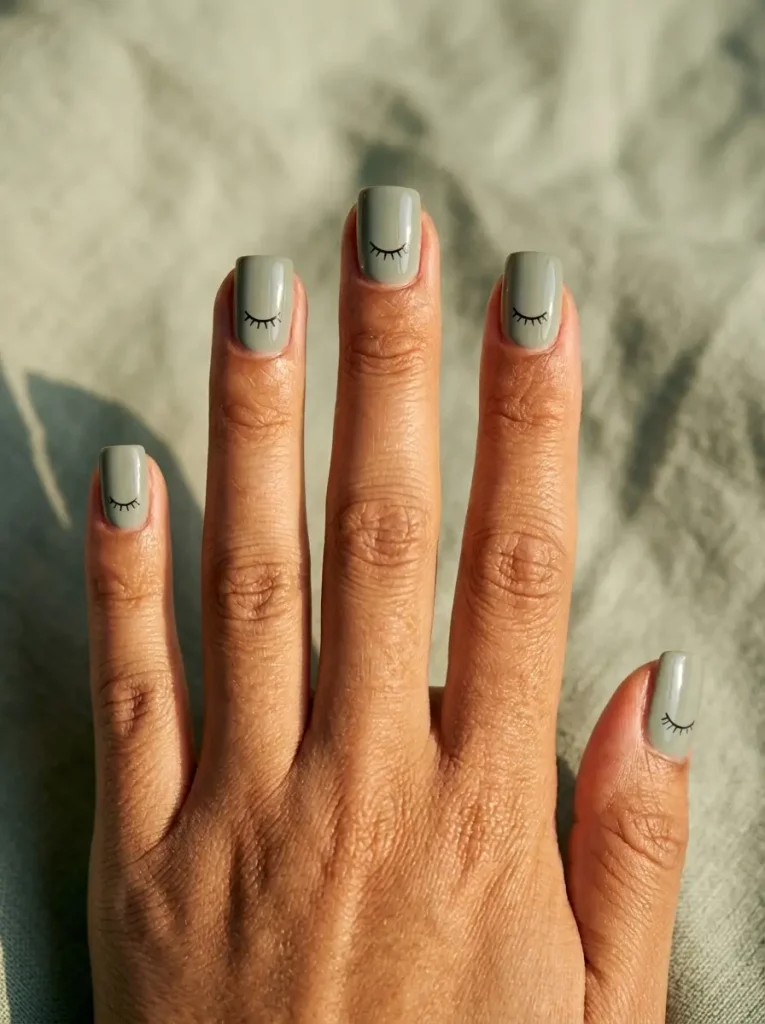 15 Witchy Nail Designs for 2026, From Gothic to Green Witch 5 Short square nails in soft sage green with a small closed black eye with lashes on every nail, on an olive skin tone