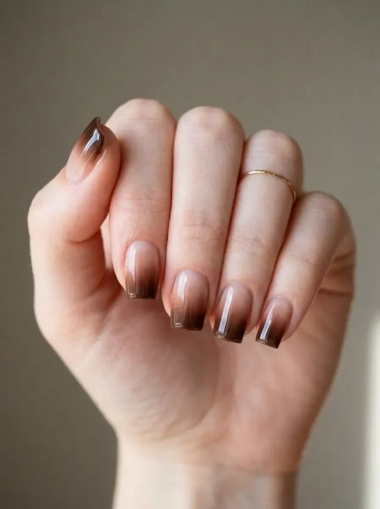 28 Fall Nail Designs for 2026, From Simple to Classy 11 Short square nails with a milky nude base fading to chocolate brown at the tip on every nail, on a fair skin tone