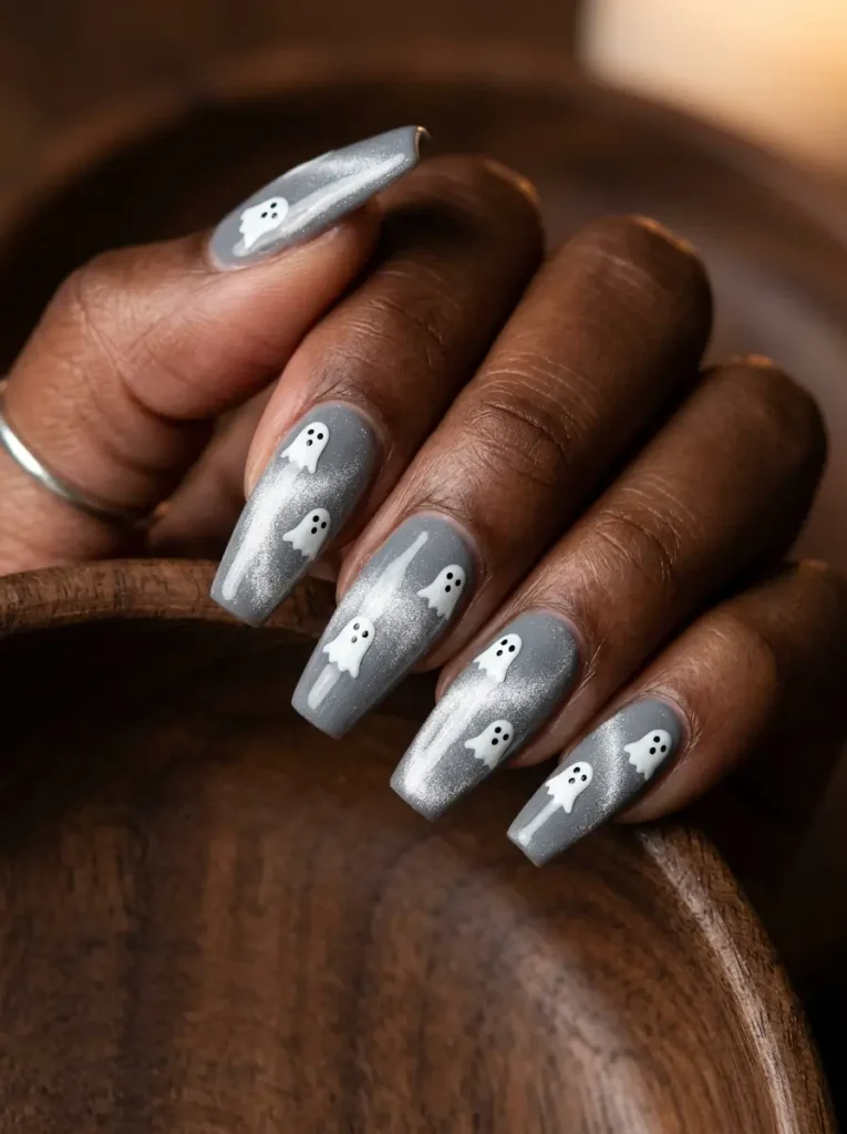 Coffin nails in gray velvet cat eye with tiny white ghosts drifting through the silver shimmer, on a deep skin tone