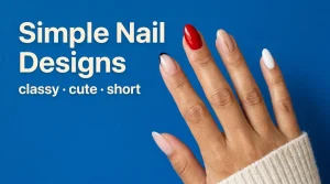 Hand with five different simple nail looks against a cobalt blue wall: nude, black tip, red, gold stripe and white