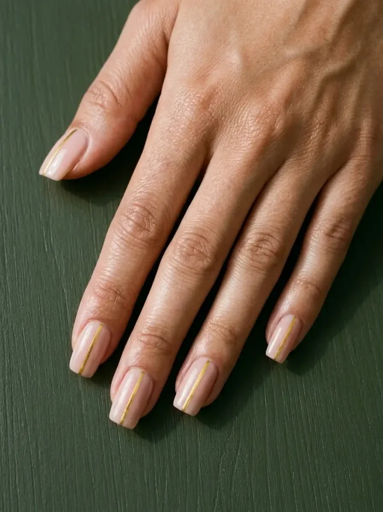 Medium squoval nude nails with one fine vertical gold stripe down the center of every nail, glossy finish, on tan skin