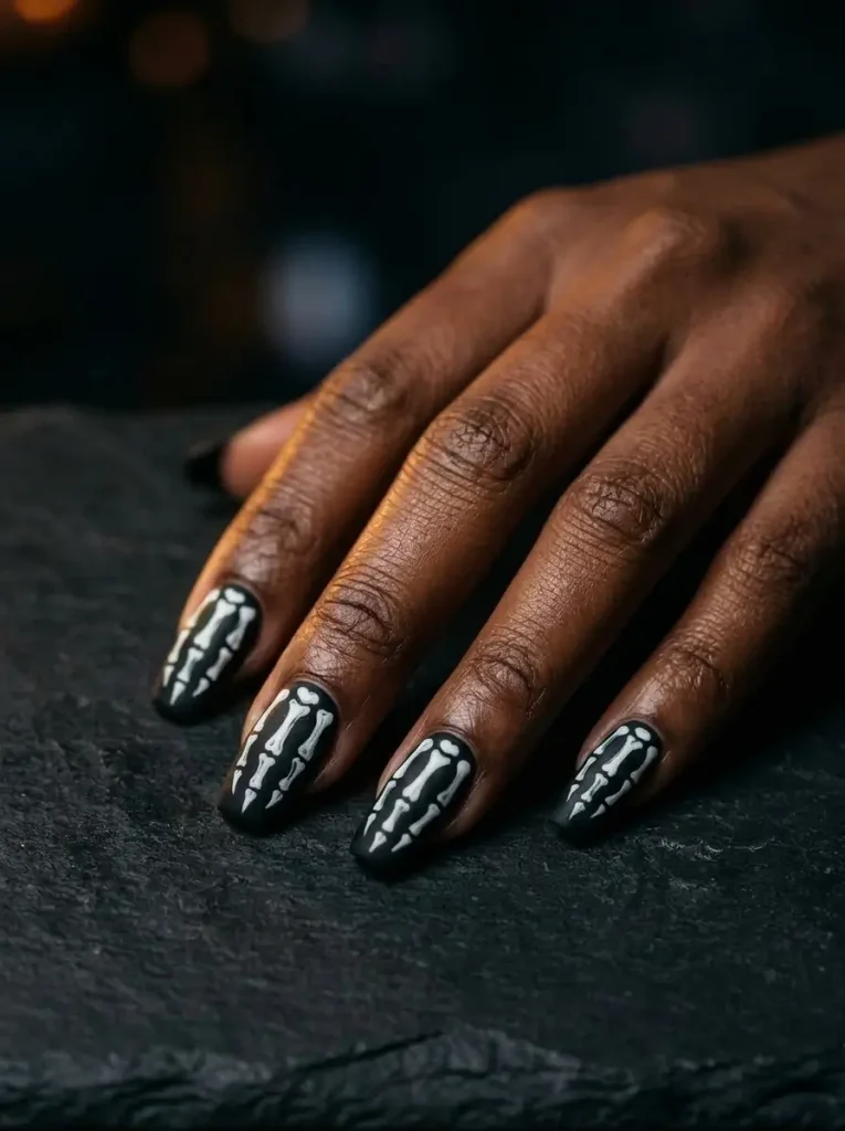 Black square nails with white skeleton finger bones painted on each nail like an X-ray, on a deep skin tone
