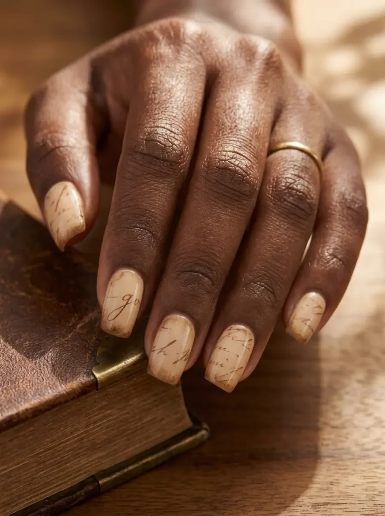 15 Witchy Nail Designs for 2026, From Gothic to Green Witch 16 Squoval nails in parchment nude with faded brown script-like strokes and darker sponged edges, on a deep skin tone