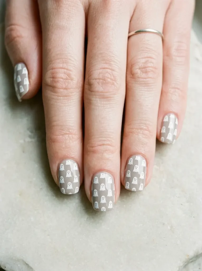 Short squoval nails in warm gray with a tiny white ghost print stamped all over, on a fair skin tone