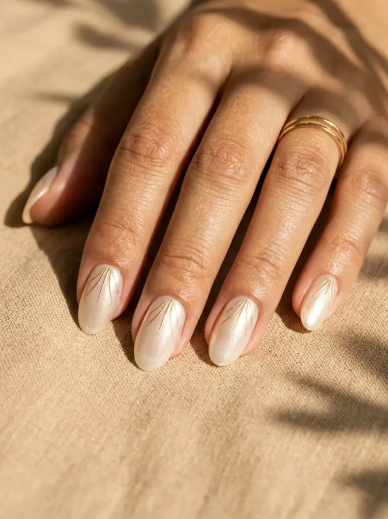 15 Witchy Nail Designs for 2026, From Gothic to Green Witch 14 Oval nails in milky gold shimmer with thin gold sun rays fanning out from the cuticle of every nail, on a medium skin tone