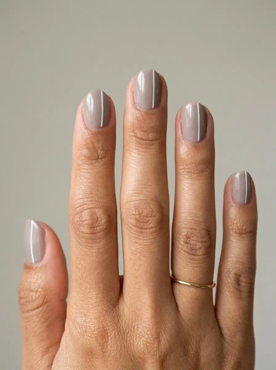 28 Fall Nail Designs for 2026, From Simple to Classy 8 Simple fall nail inspo: short oval glossy taupe nails with one fine off-center white stripe on every nail, on an olive skin tone