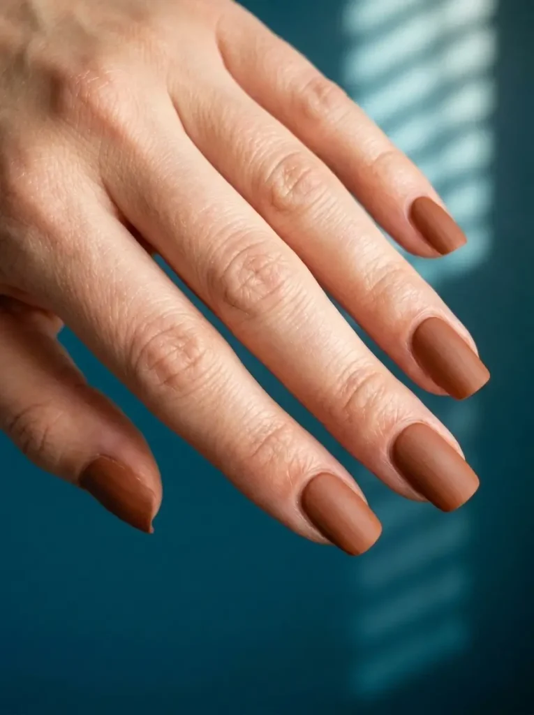 18 Fall Nail Colors for 2026, From Taupe to Navy 12 Terracotta matte squoval nails of medium length, on a light skin tone