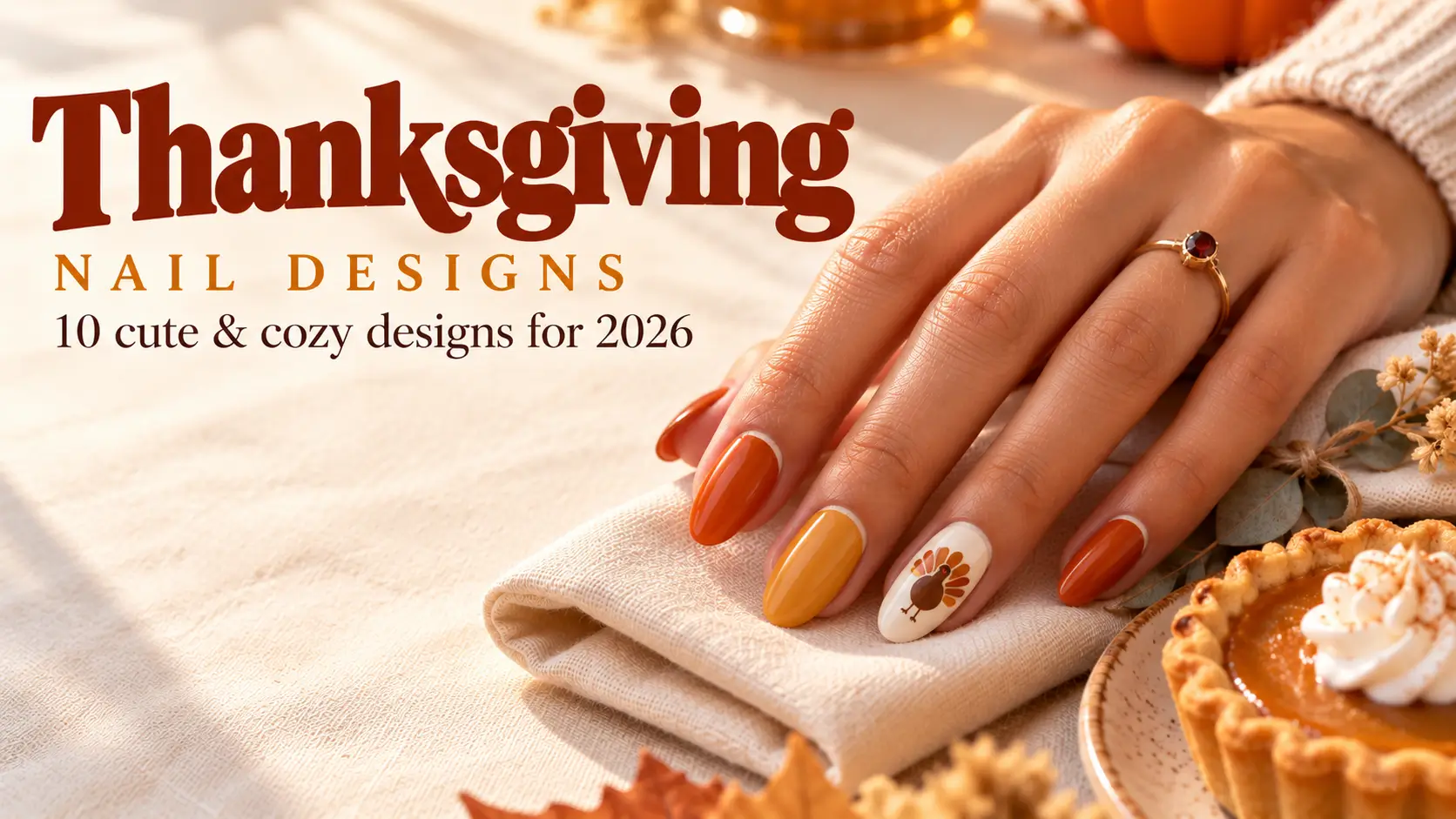 10 Thanksgiving Nail Designs for 2026, From Turkey to Pumpkin Pie 1 Thanksgiving nail designs 2026 cover, almond nails in pumpkin, mustard and rust with one cute turkey nail on a folded napkin beside a mini pumpkin pie, light skin tone