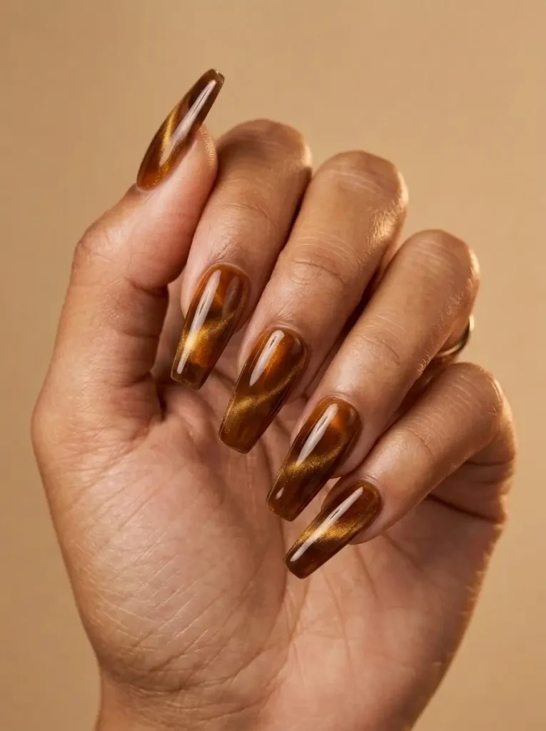 Long coffin tiger eye nails with a gold magnetic band glowing through sheer brown jelly on every nail, on a tan skin tone