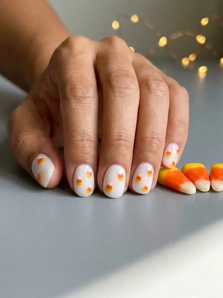 Short round nails in milky white with two or three tiny painted candy corn pieces on every nail, on an olive skin tone
