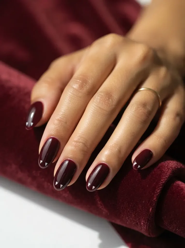 Almond vampire fang nails in glossy deep red with a pair of tiny white fangs below every tip, on a medium skin tone