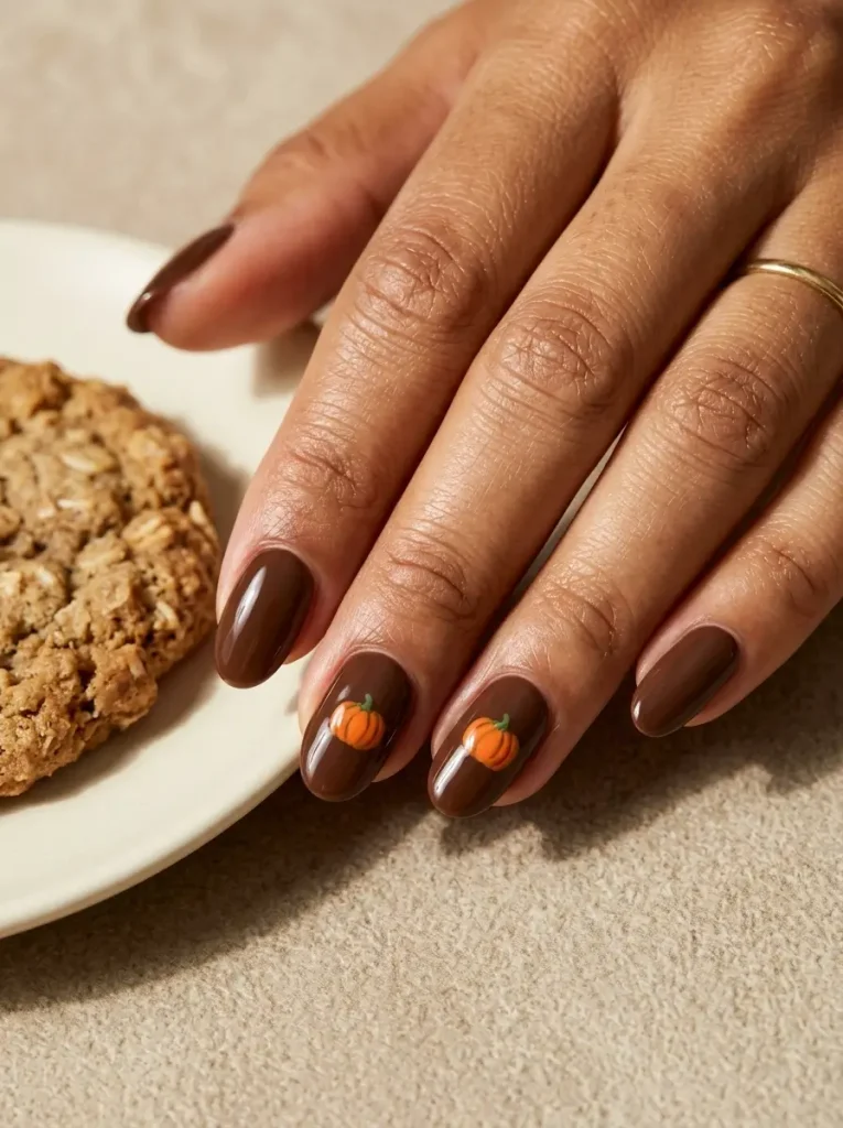 28 Fall Nail Designs for 2026, From Simple to Classy 16 Medium oval glossy chocolate nails with a tiny painted orange pumpkin on exactly two nails, on a tan skin tone