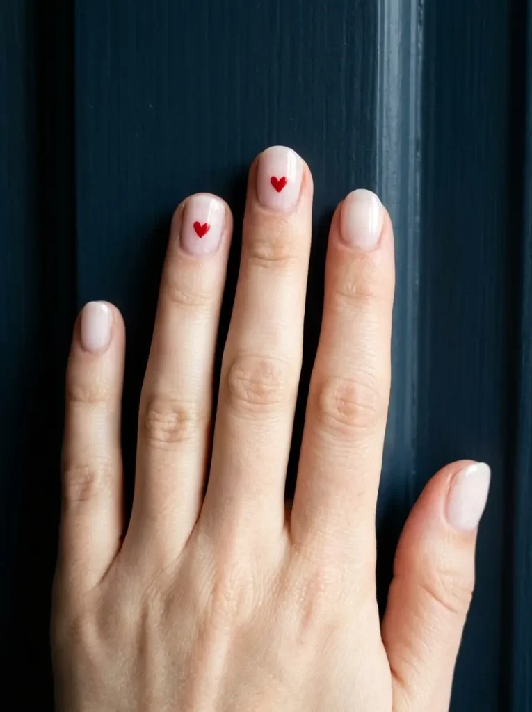 Short round milky nails with one small red heart painted on each of two nails and the others left plain, on fair skin