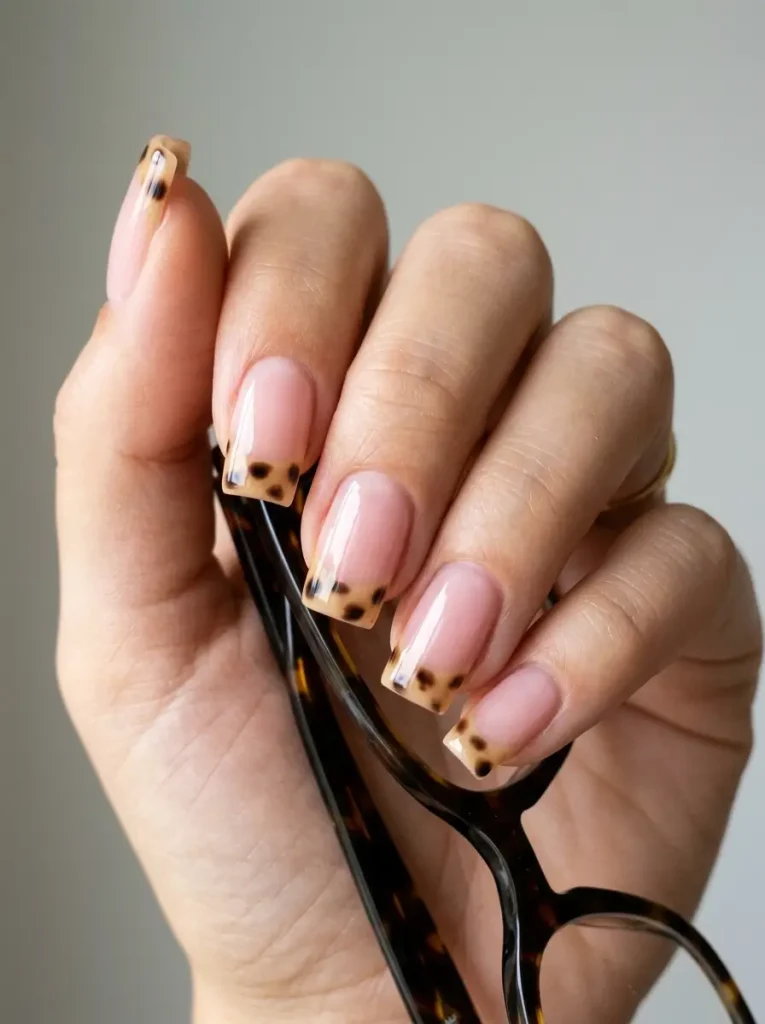28 Fall Nail Designs for 2026, From Simple to Classy 21 Medium square sheer pink nails with blonde tortoiseshell French tips on every nail, on a light skin tone