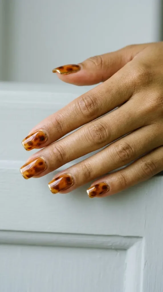Medium square amber tortoiseshell nails with a thin gold chrome cuff line at the cuticle on every nail