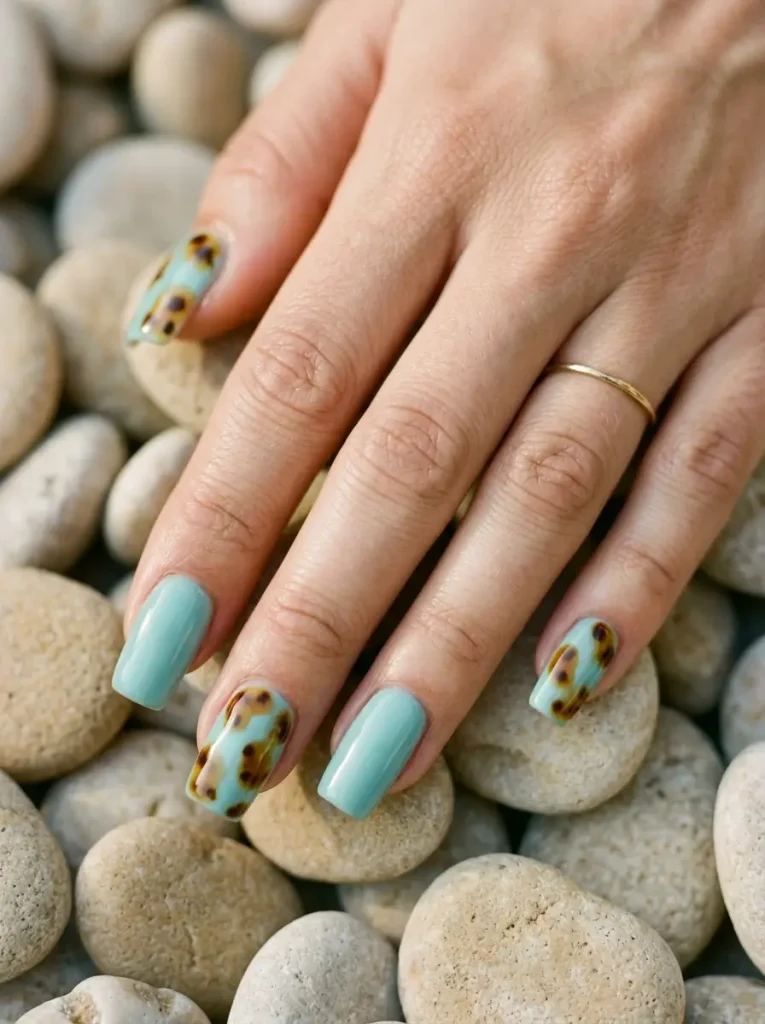 28 Fall Nail Designs for 2026, From Simple to Classy 27 Medium square soft turquoise nails with small tortoiseshell patches on alternate nails, on a light skin tone
