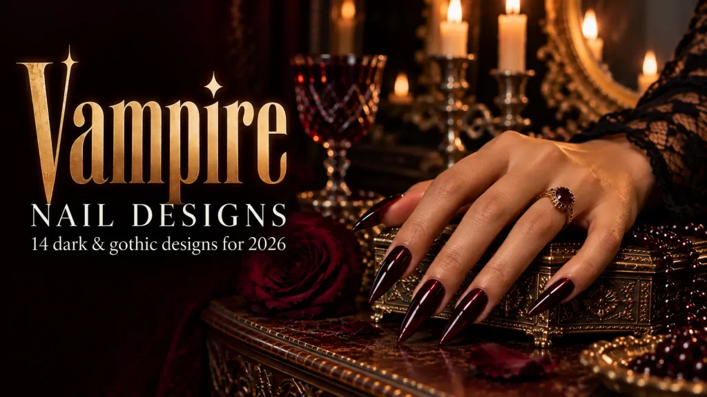 Vampire nail designs 2026 featuring glossy black-cherry stiletto nails with antique gold jewelry and candlelit gothic decor.