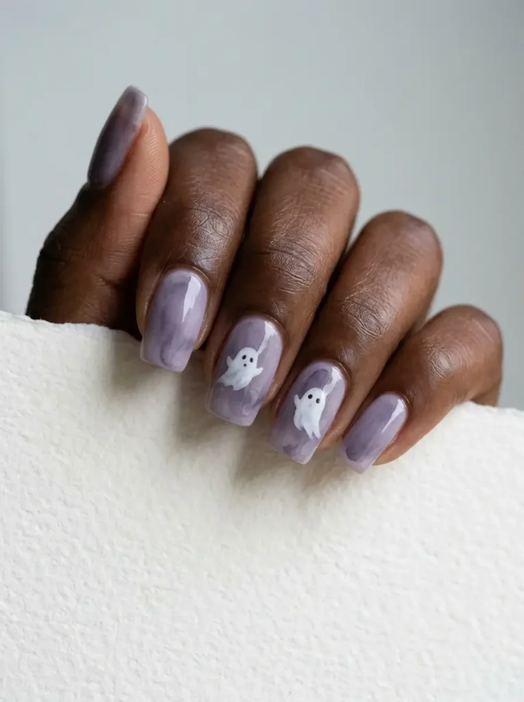 Squoval nails in a soft violet-gray watercolor wash with white ghosts on two nails, on a deep skin tone