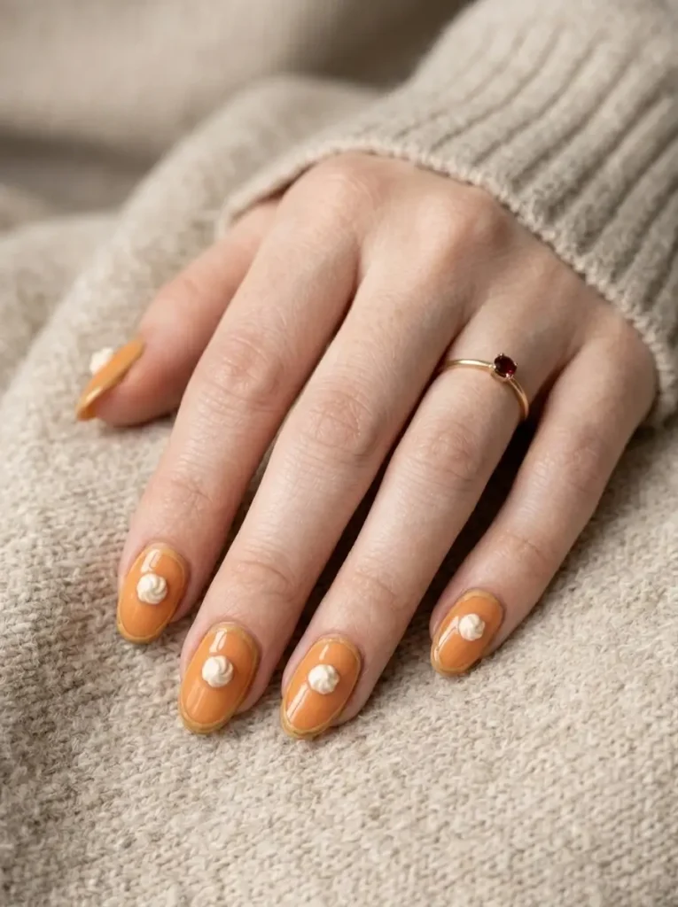 10 Thanksgiving Nail Designs for 2026, From Turkey to Pumpkin Pie 4 Oval pumpkin pie Thanksgiving nails in glossy orange with a golden crust rim and a tiny whipped cream dollop, on a fair skin tone