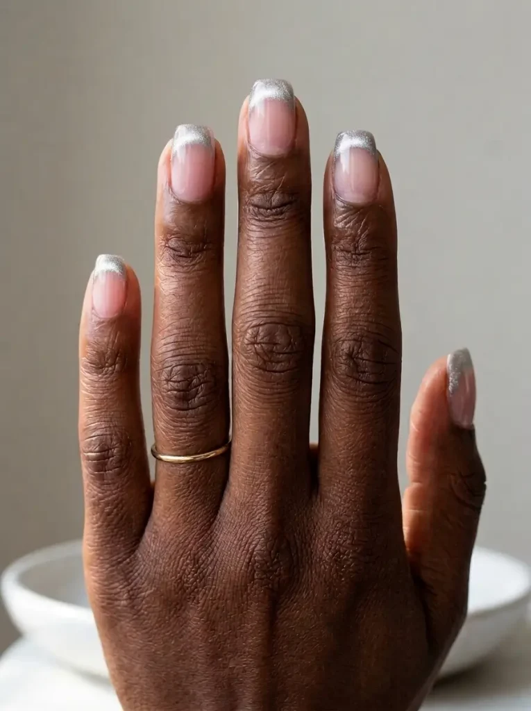 Short square white shimmer cat eye French nails with a bright silver tip band over sheer pink, on a deep skin tone