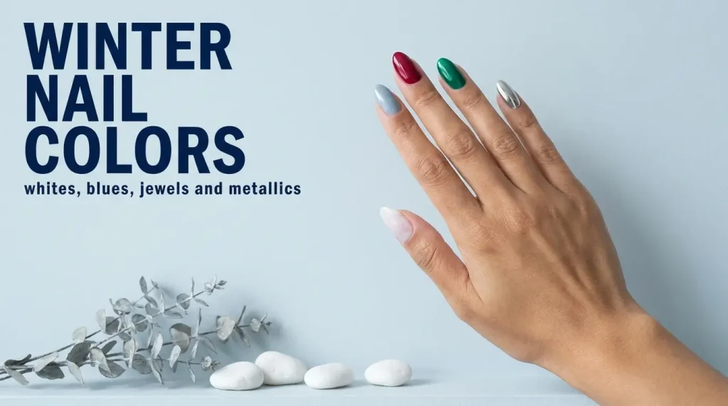 Winter nail colors in milky white, frosted blue-grey, cool ruby, emerald and silver chrome on one hand, beside dried silvery eucalyptus and white pebbles