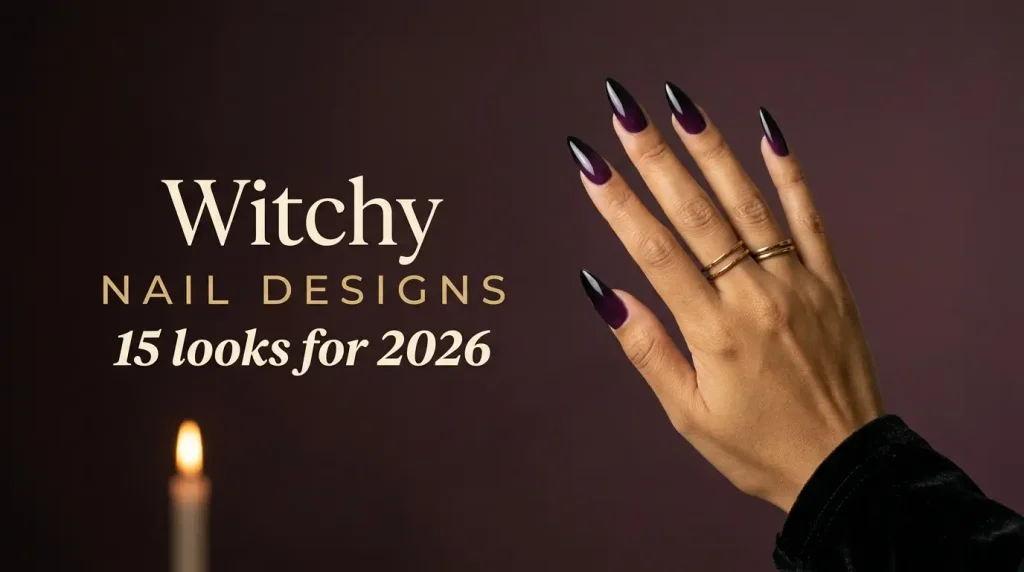 Witchy nail designs 2026 cover, long stiletto nails in a glossy purple to black ombré, medium skin tone